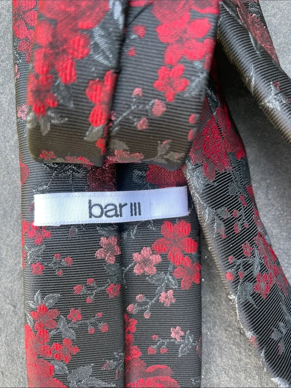 Bar III Black Tie with Red and Pink Floral Jacquard Pattern